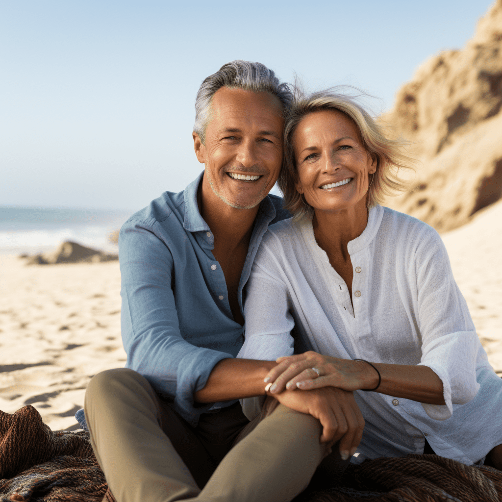 A man and woman sitting on the beach