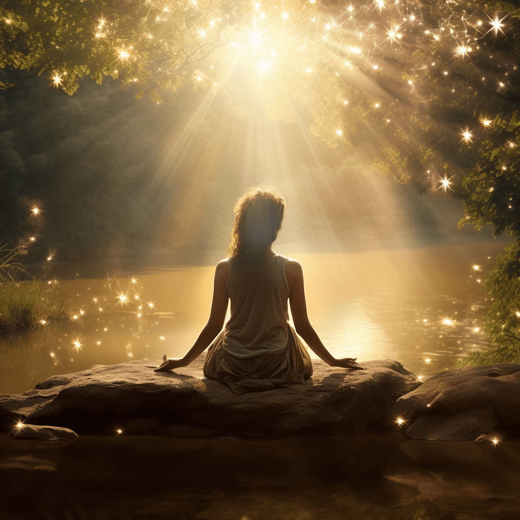 A woman sitting on top of a rock in front of trees.