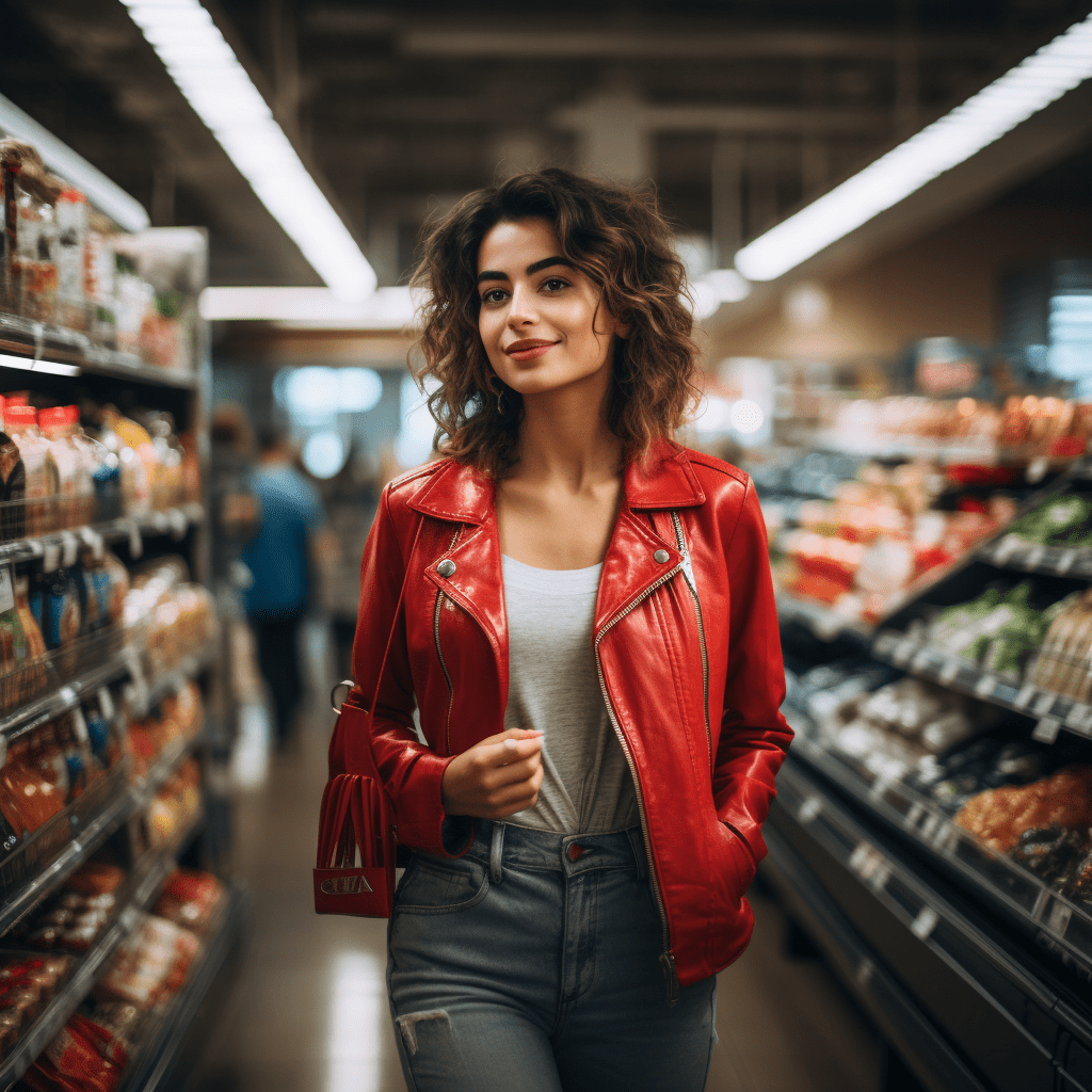 A woman in red jacket standing inside of store.